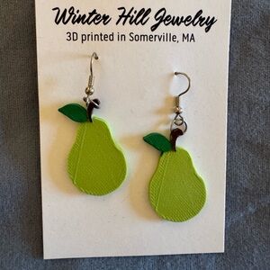 Earrings, three-D printed pears. Cute!